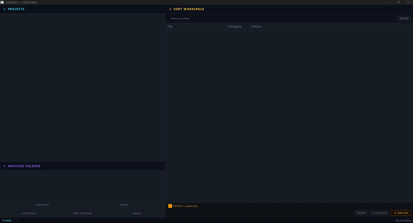 SortShelf main window on launch, with an empty project list and no source folder selected. A dry run indicator is shown at the bottom.