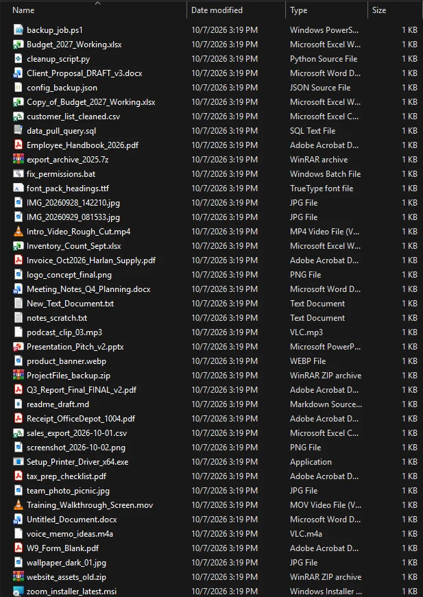 Windows File Explorer showing a folder of about forty mixed files, including documents, spreadsheets, images, scripts and archives, all in one flat list.