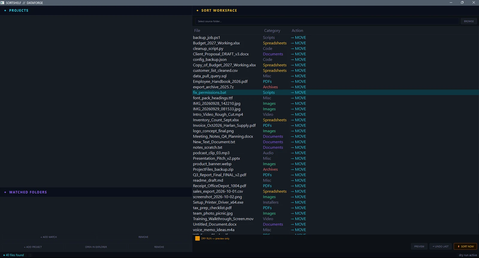 SortShelf dry run preview listing each file with its assigned category and a Move action, with a status bar reading 40 files found.